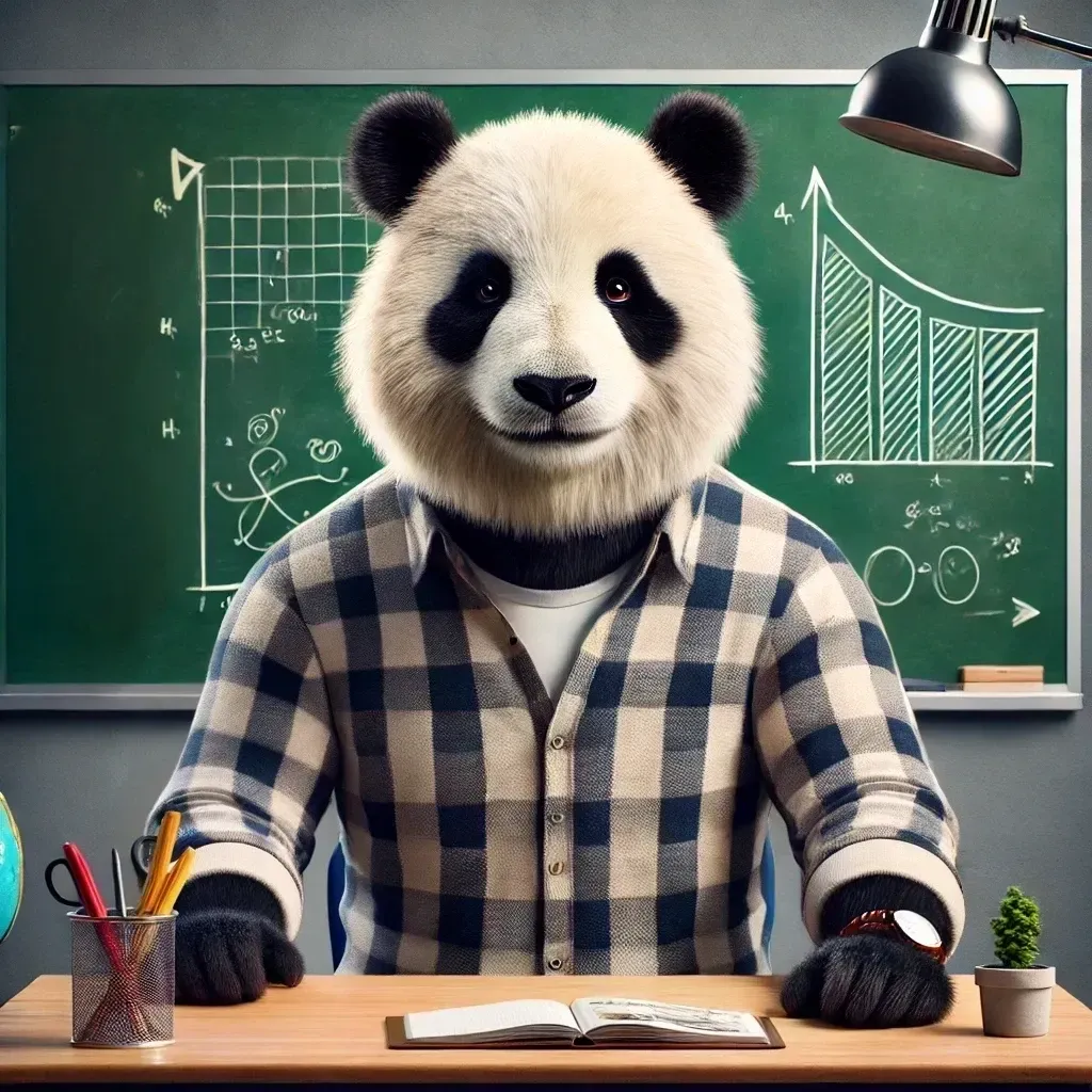 Un oso panda está sentado en un escritorio frente a una pizarra.