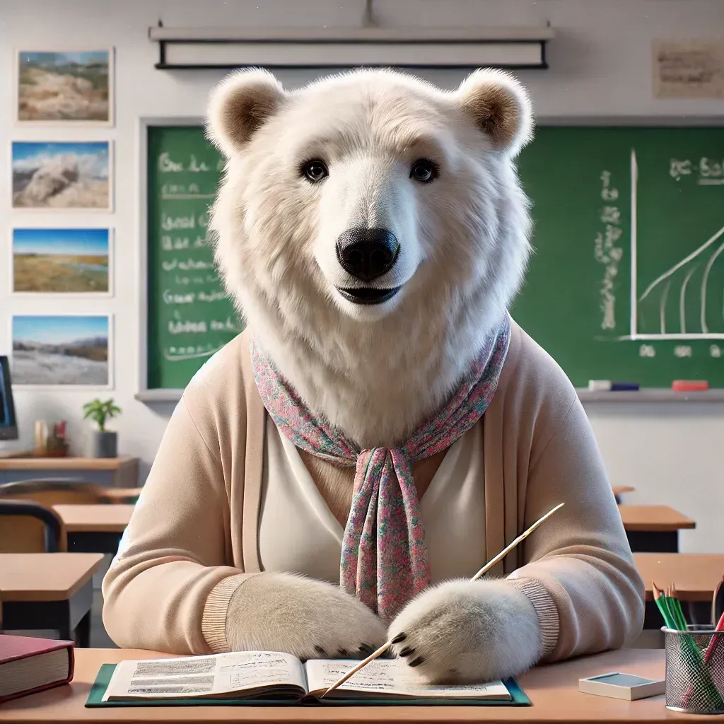Un oso polar está sentado en un escritorio en un aula.