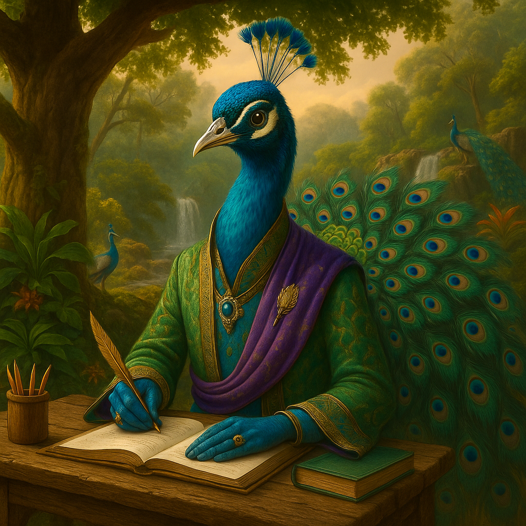 Un pavo real está sentado en un escritorio en un aula.