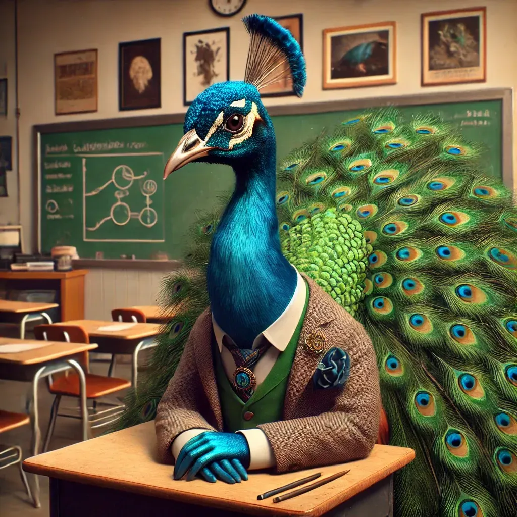 Un pavo real está sentado en un escritorio en un aula.