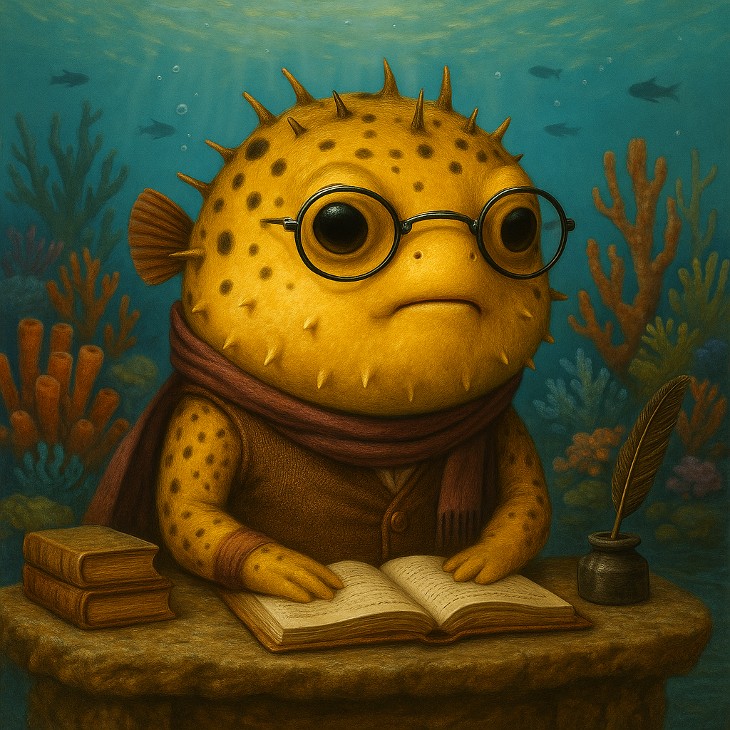 Un pez con gafas y bufanda está leyendo un libro.