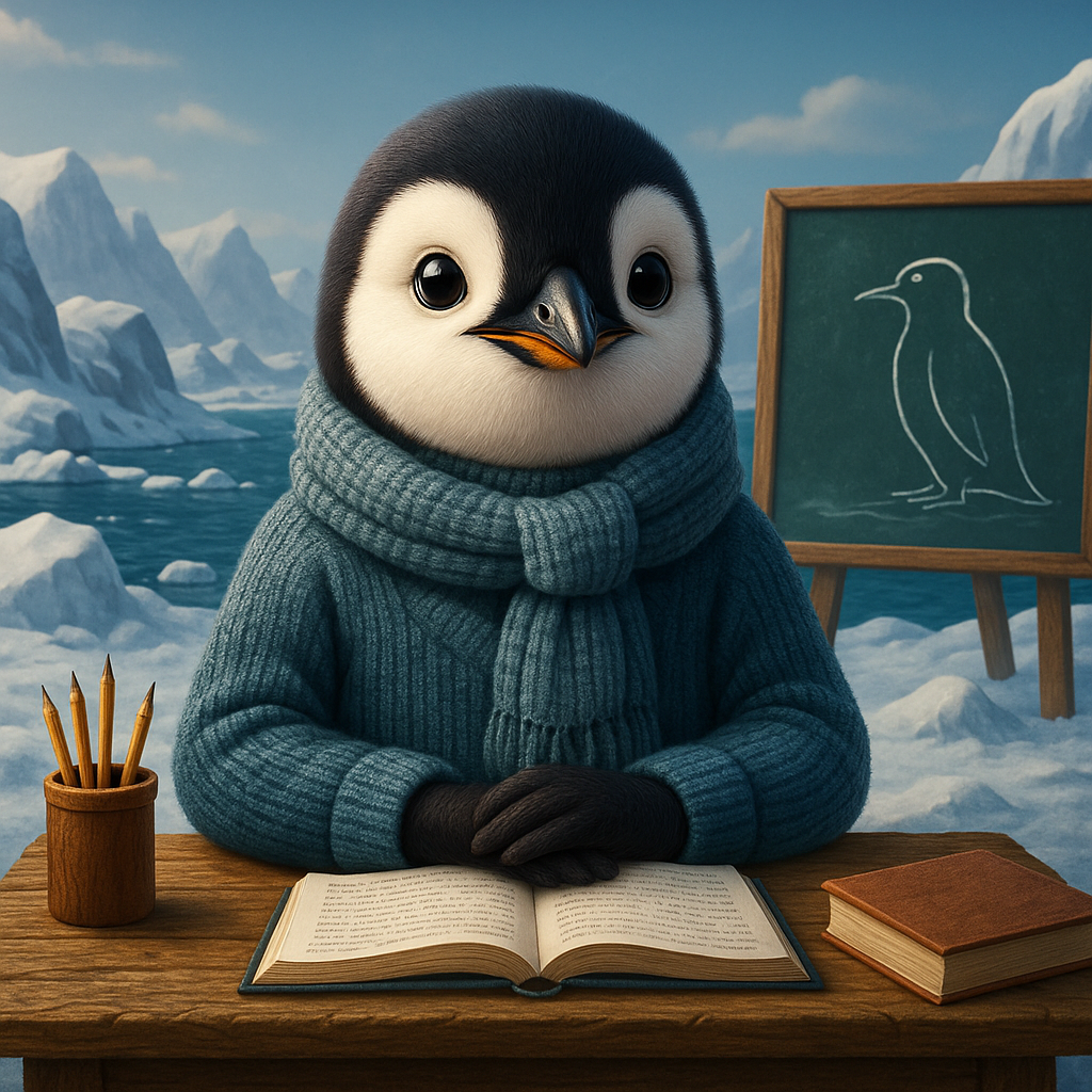 Un pingüino está sentado en un escritorio en un salón de clases