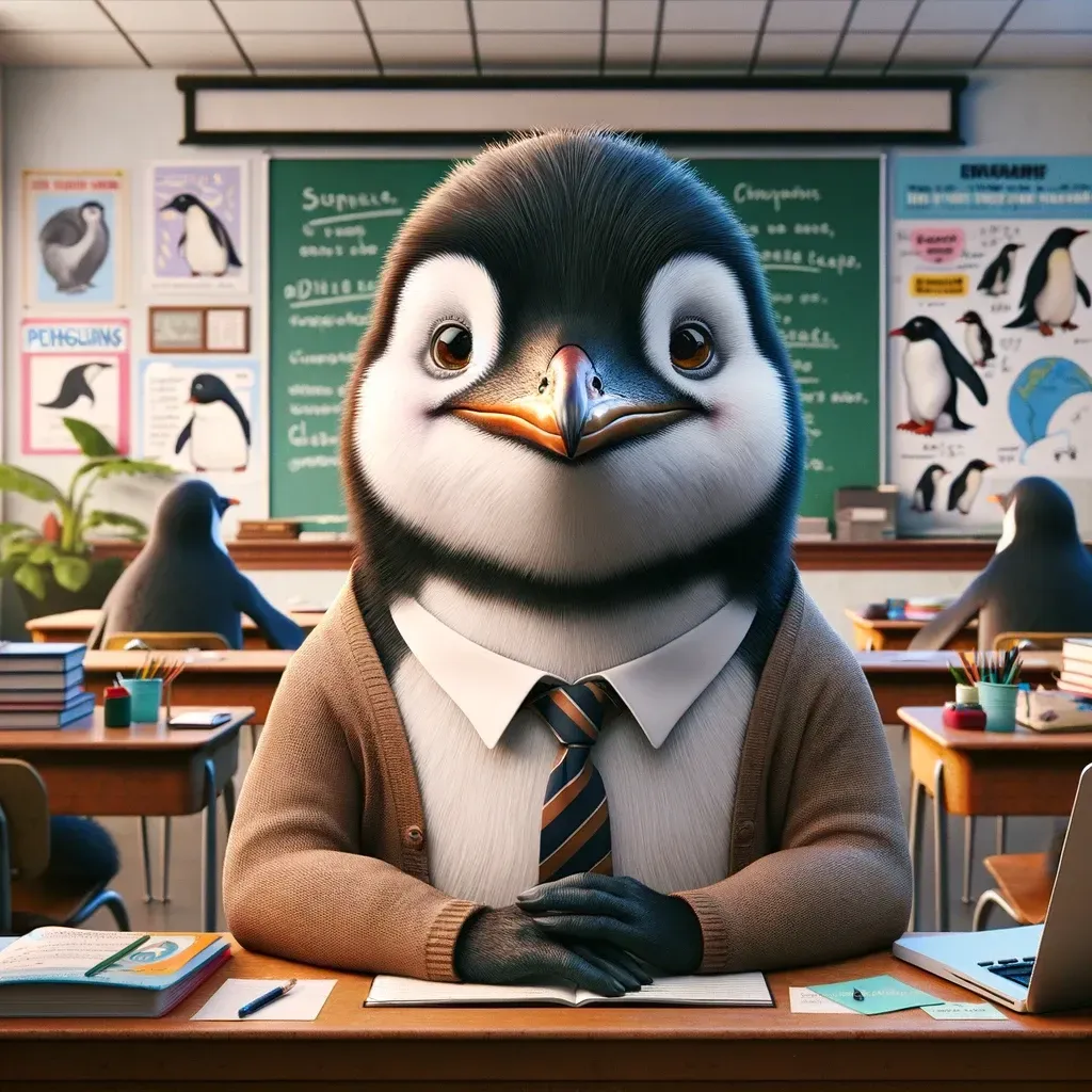 Un pingüino está sentado en un escritorio en un salón de clases