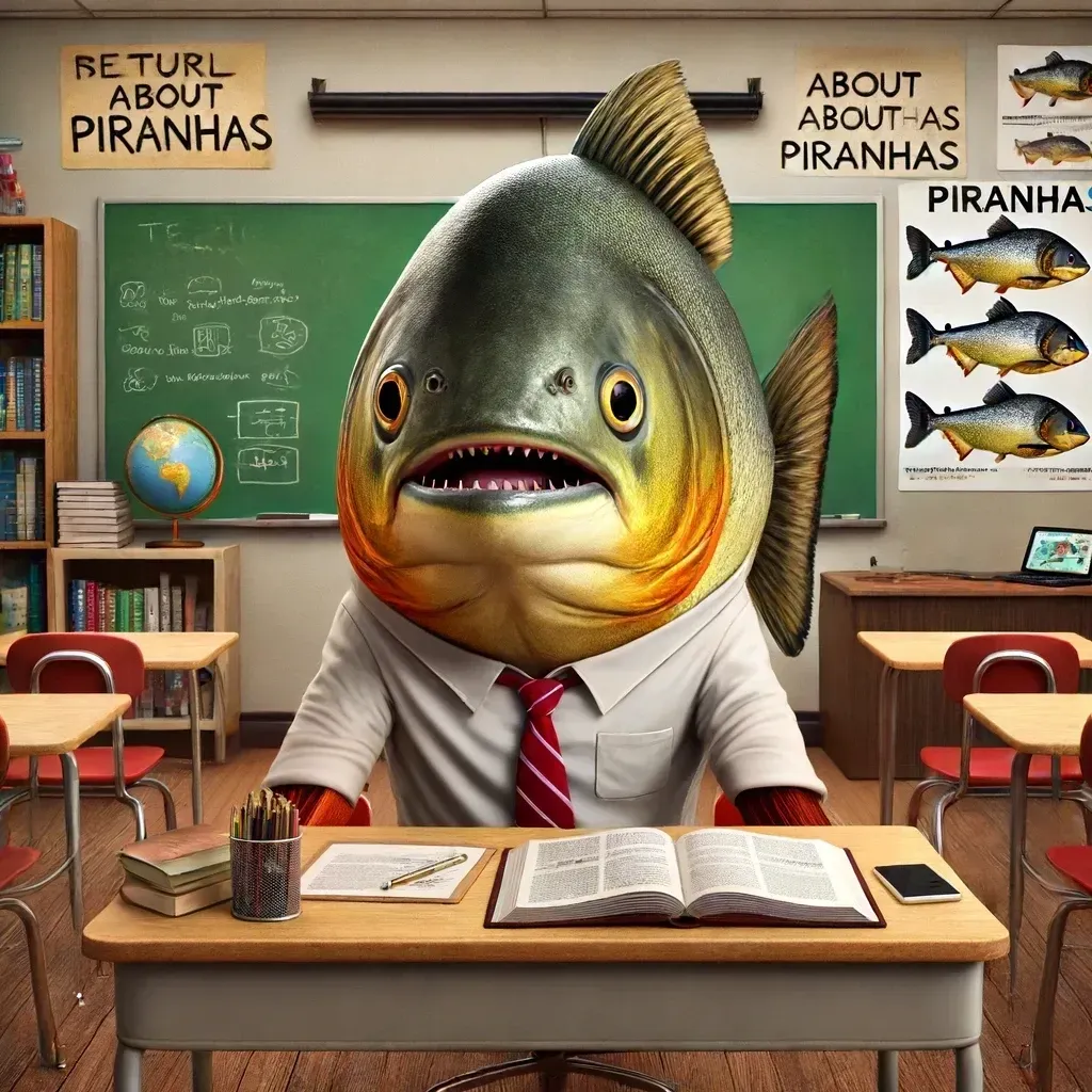 Una piraña está sentada en un escritorio en un aula.