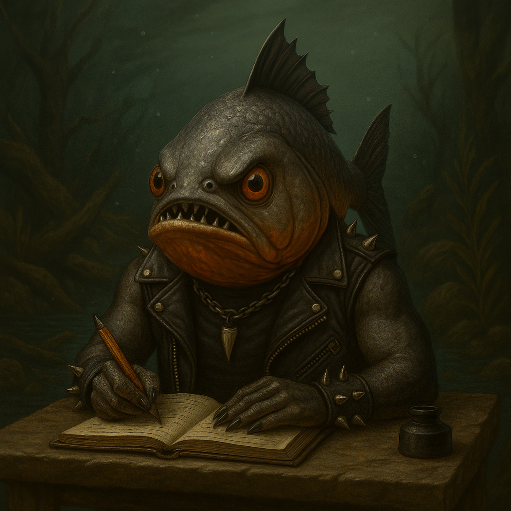 Una pintura de un pez escribiendo en un libro.