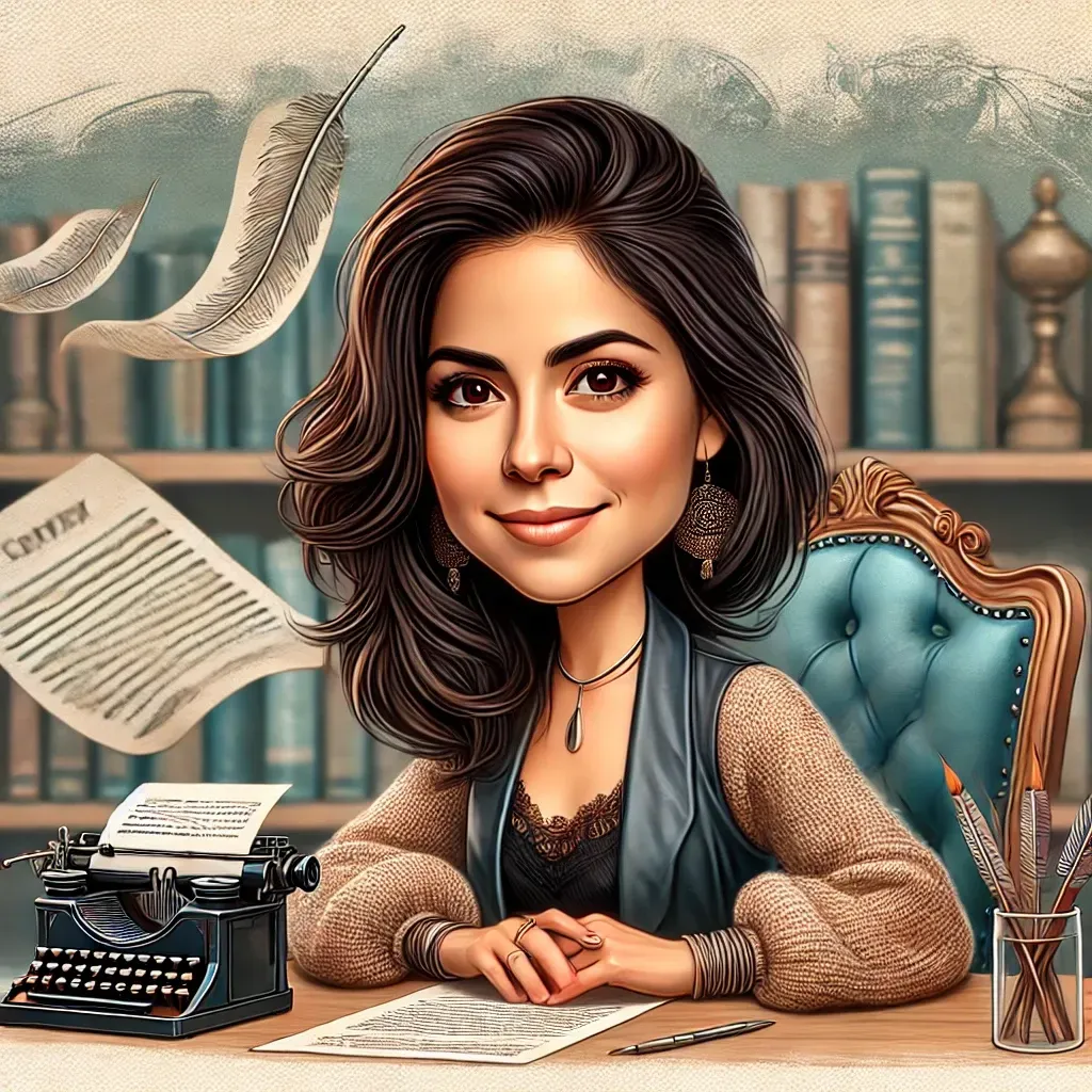 Una caricatura de una mujer sentada en un escritorio en un salón de clases.
