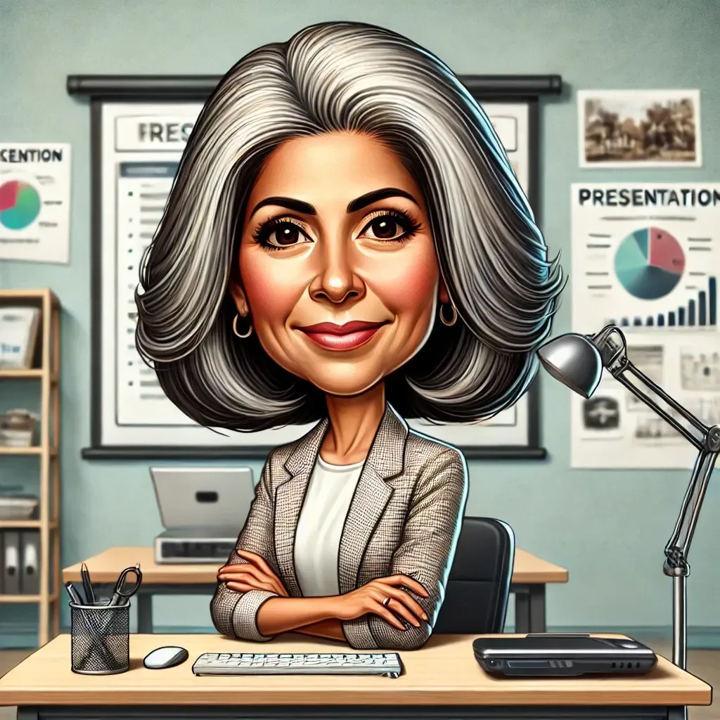 Una caricatura de una mujer sentada en un escritorio en un salón de clases.