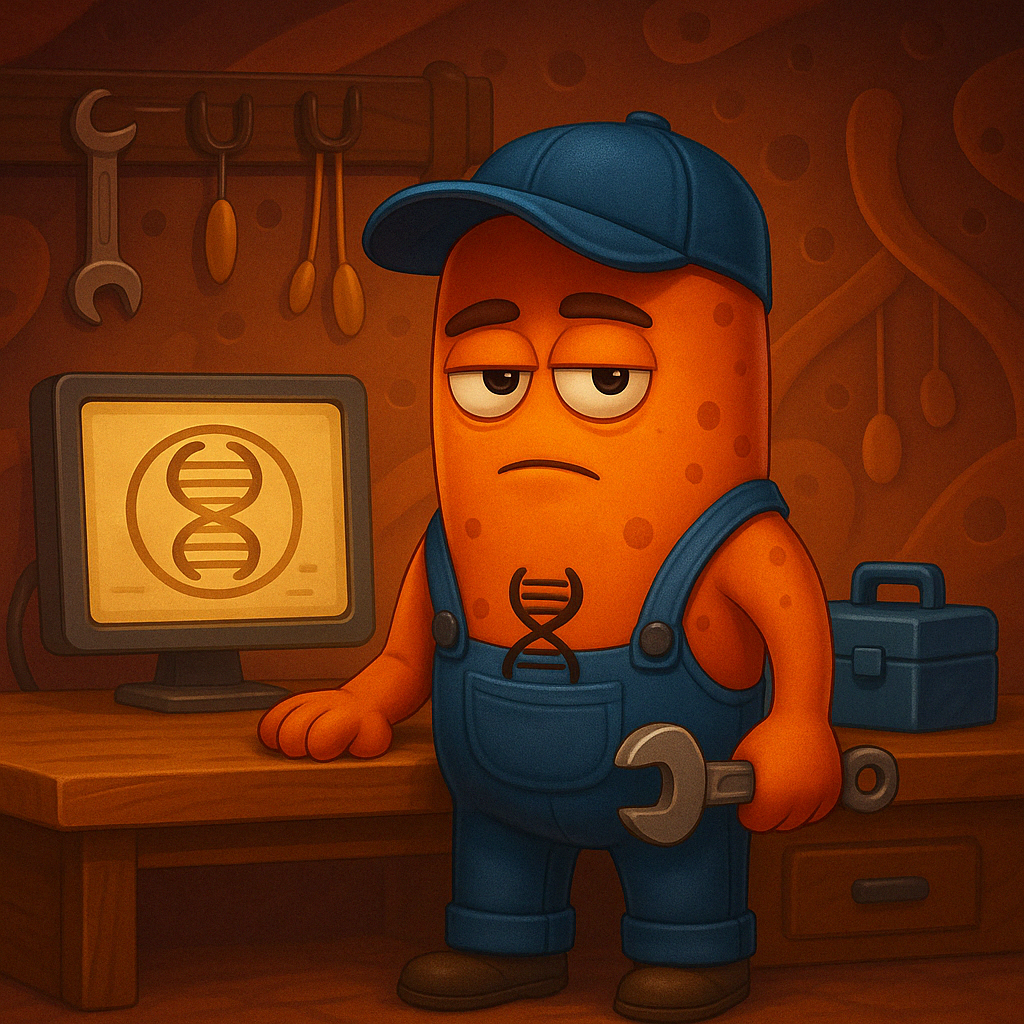 Un personaje de dibujos animados está parado frente a una computadora sosteniendo una llave inglesa.