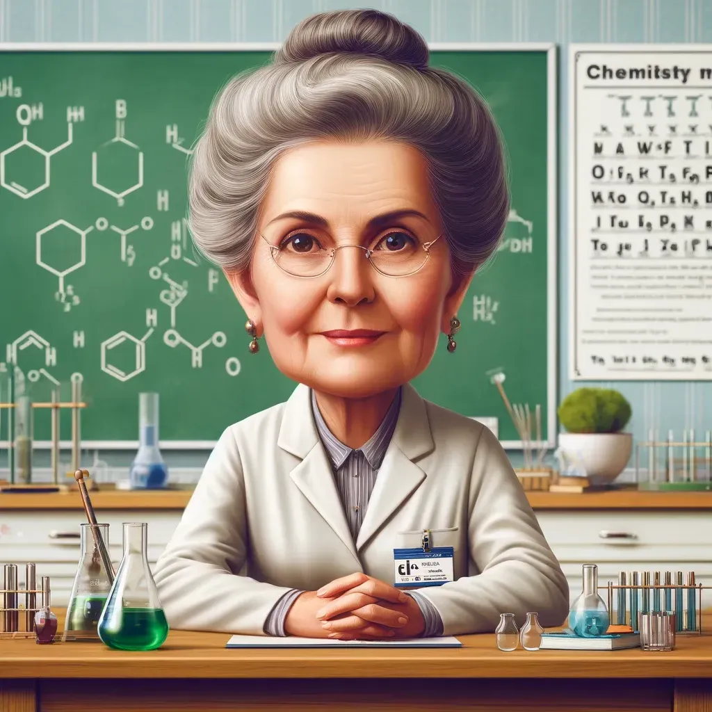 Un científico con una bata de laboratorio se sienta en un escritorio frente a una pizarra con fórmulas químicas.