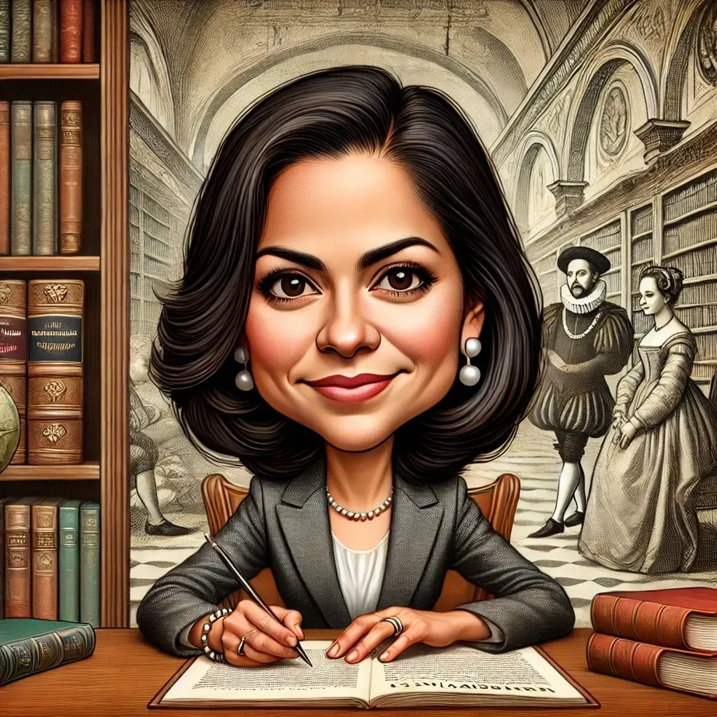 Una caricatura de una mujer sentada en un escritorio escribiendo en un libro.