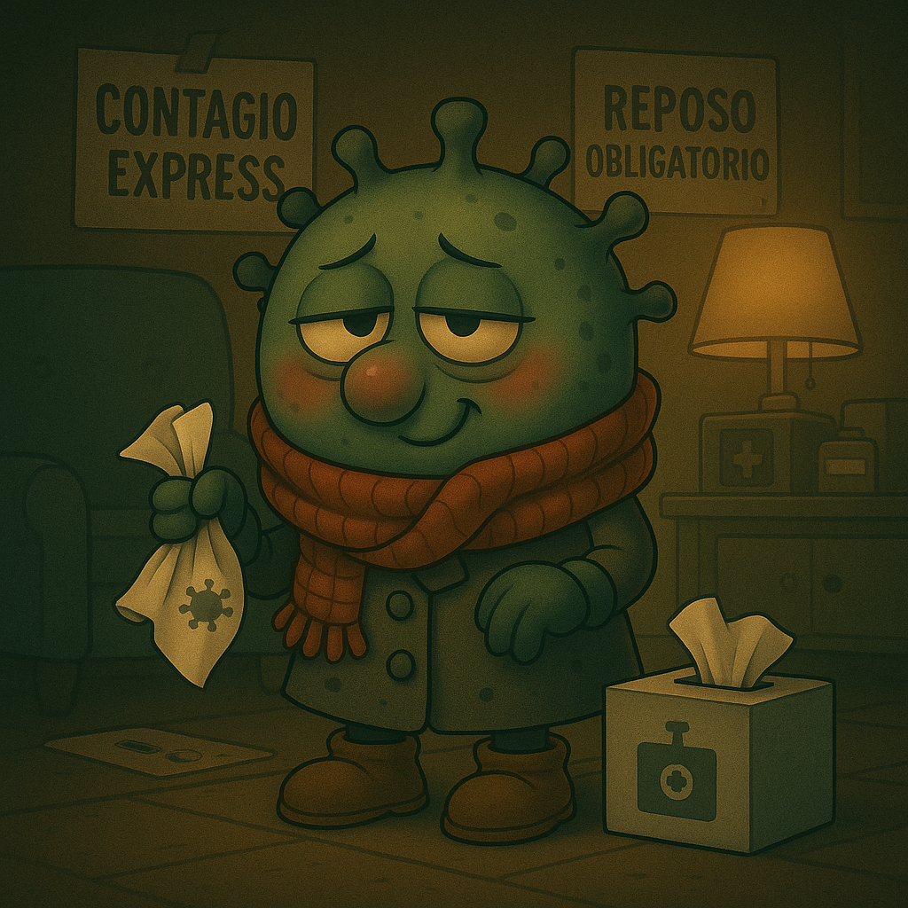 Una caricatura de un virus que usa una máscara y sostiene un bastón.