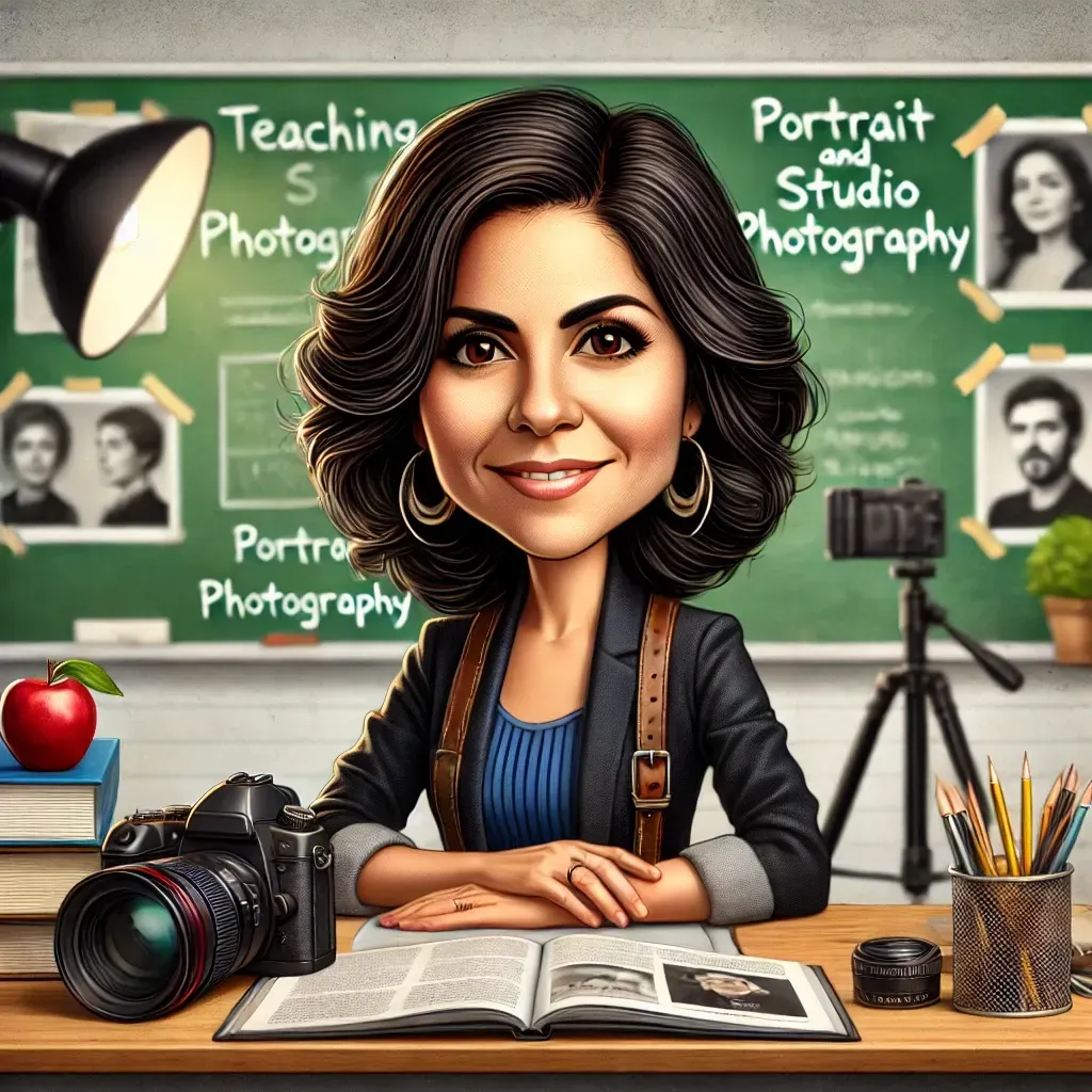 Una caricatura de una mujer sentada en un escritorio en un salón de clases