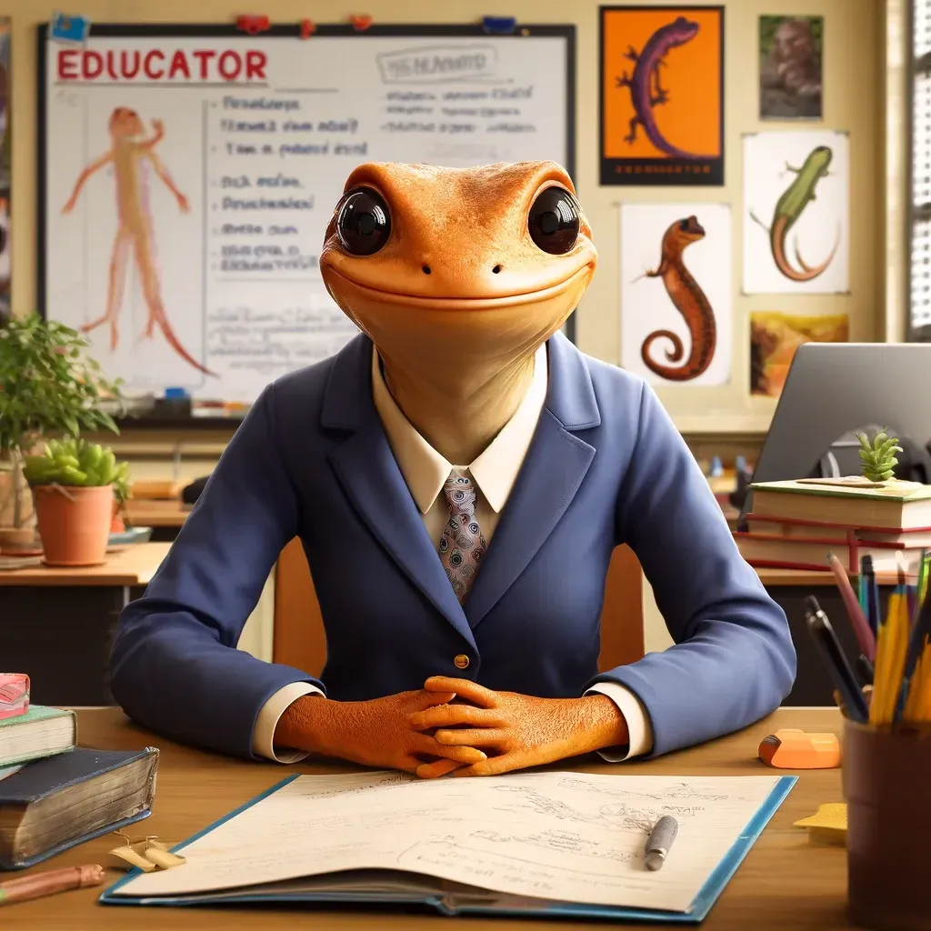 Un lagarto con traje y corbata está sentado en un escritorio frente a un cartel que dice educador.