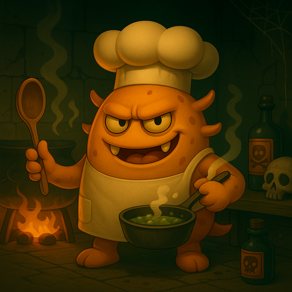 Un monstruo de dibujos animados sostiene una cuchara y un tazón de sopa.