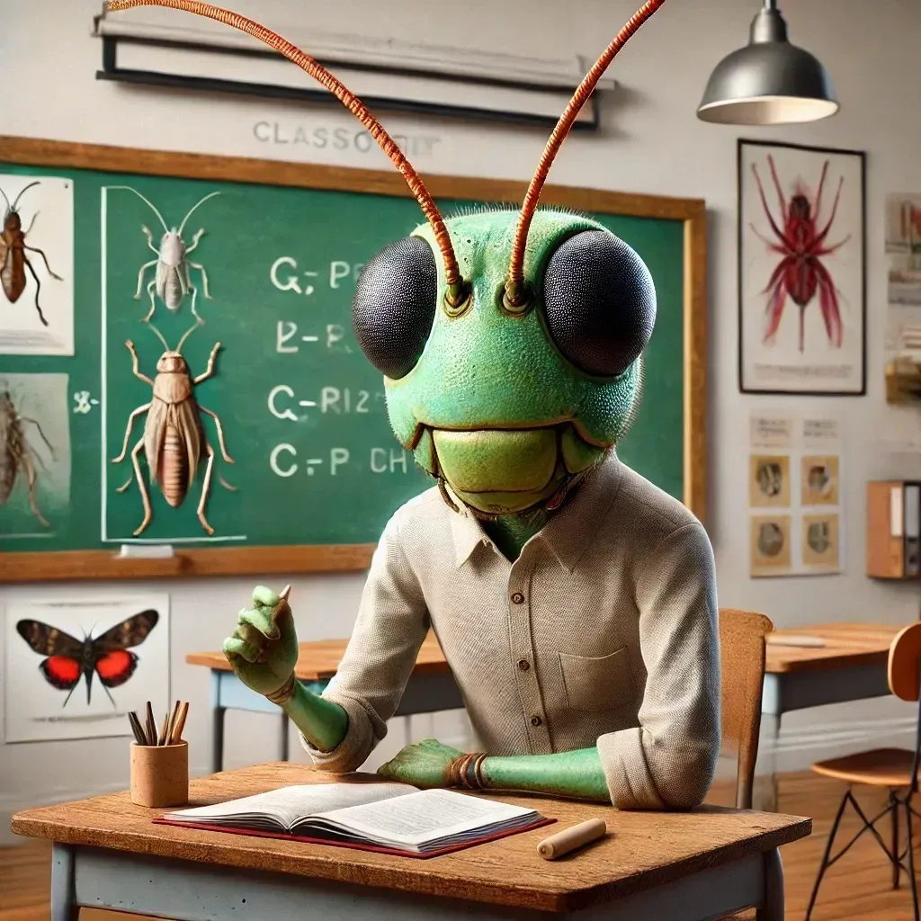 Un saltamontes está sentado en un escritorio en un aula.