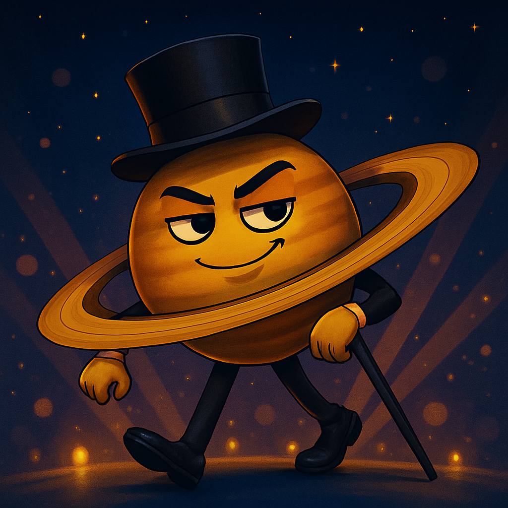 Saturno lleva un sombrero de copa y sostiene un bastón.