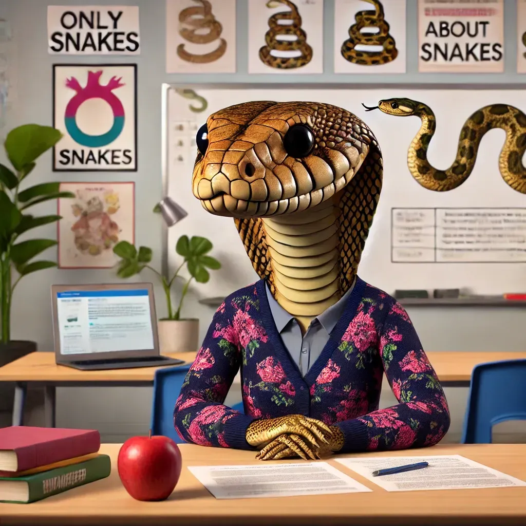 Una serpiente de dibujos animados está sentada en un escritorio en un salón de clases.