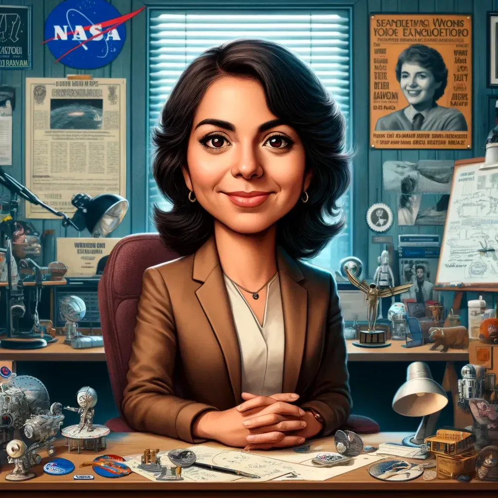 Una mujer está sentada en un escritorio frente a un cartel de la NASA.