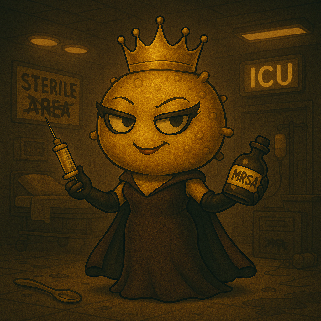 Un personaje de dibujos animados lleva una corona y sostiene una jeringa y una botella de MRSA.