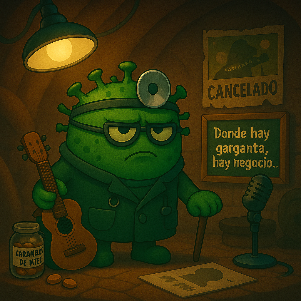 Un monstruo verde sostiene una guitarra y un bastón.