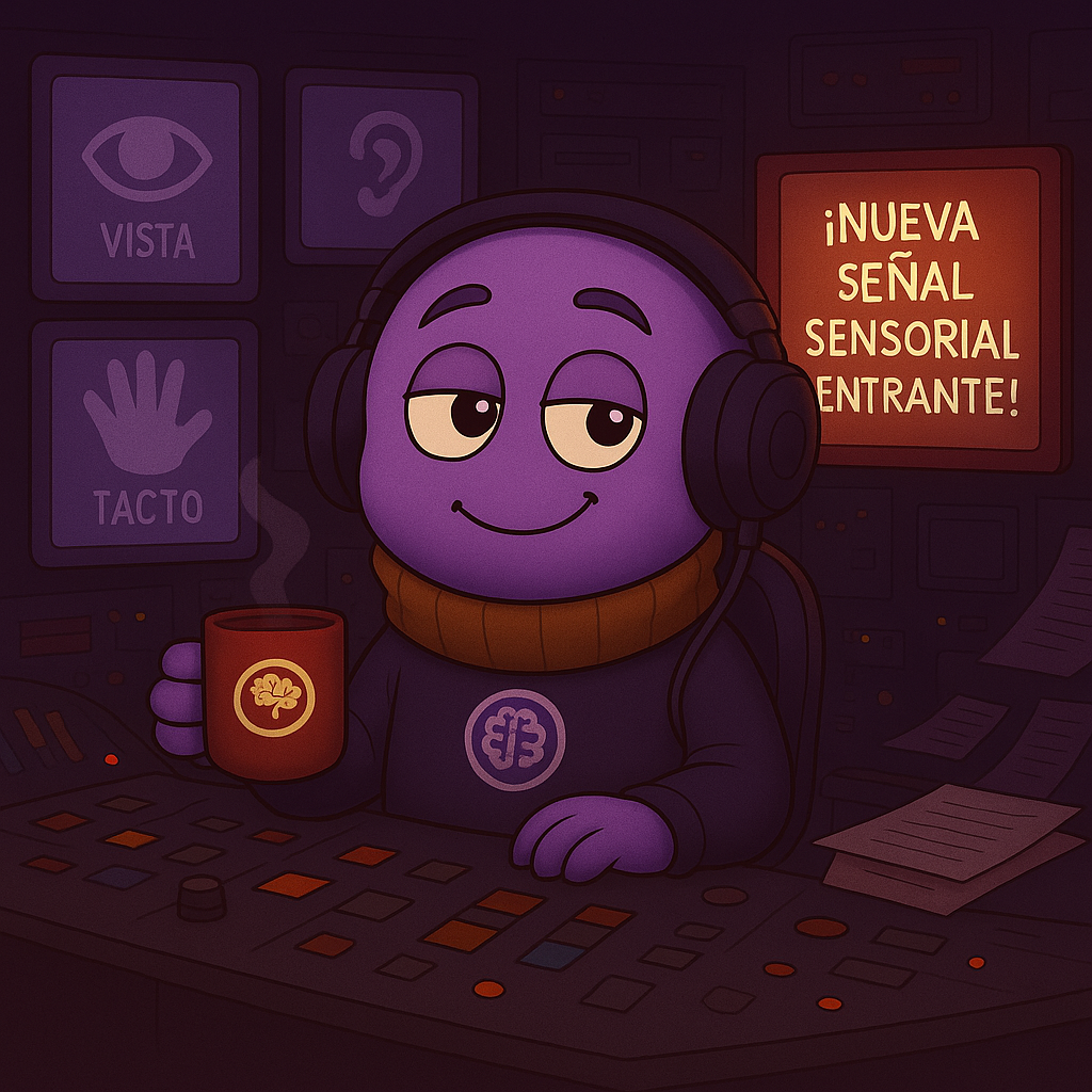 Un pixel art de un monstruo morado que usa auriculares y sostiene una taza de café.