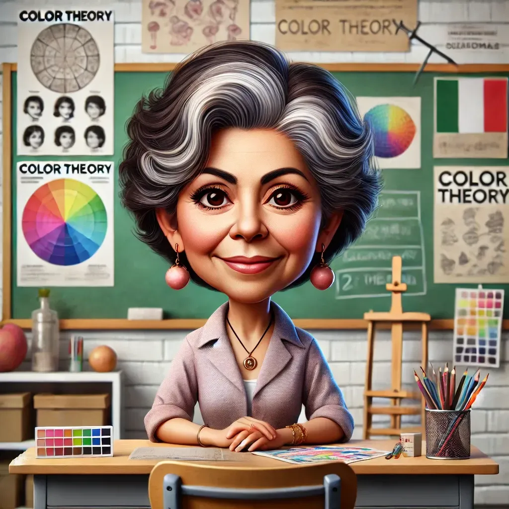 Una caricatura de una mujer sentada en un escritorio en un salón de clases.