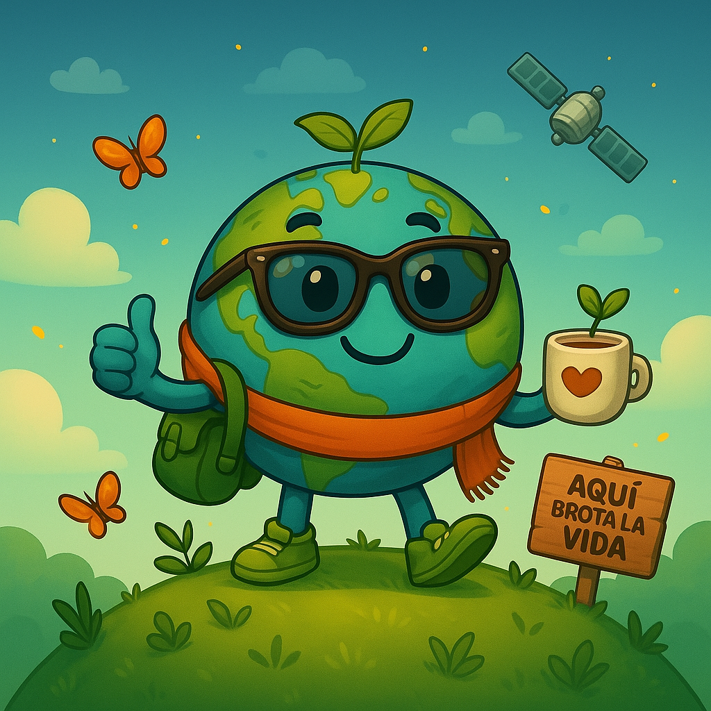 Una ilustración de dibujos animados de un globo terráqueo que sostiene una taza de café y hace un gesto de aprobación con el pulgar hacia arriba.