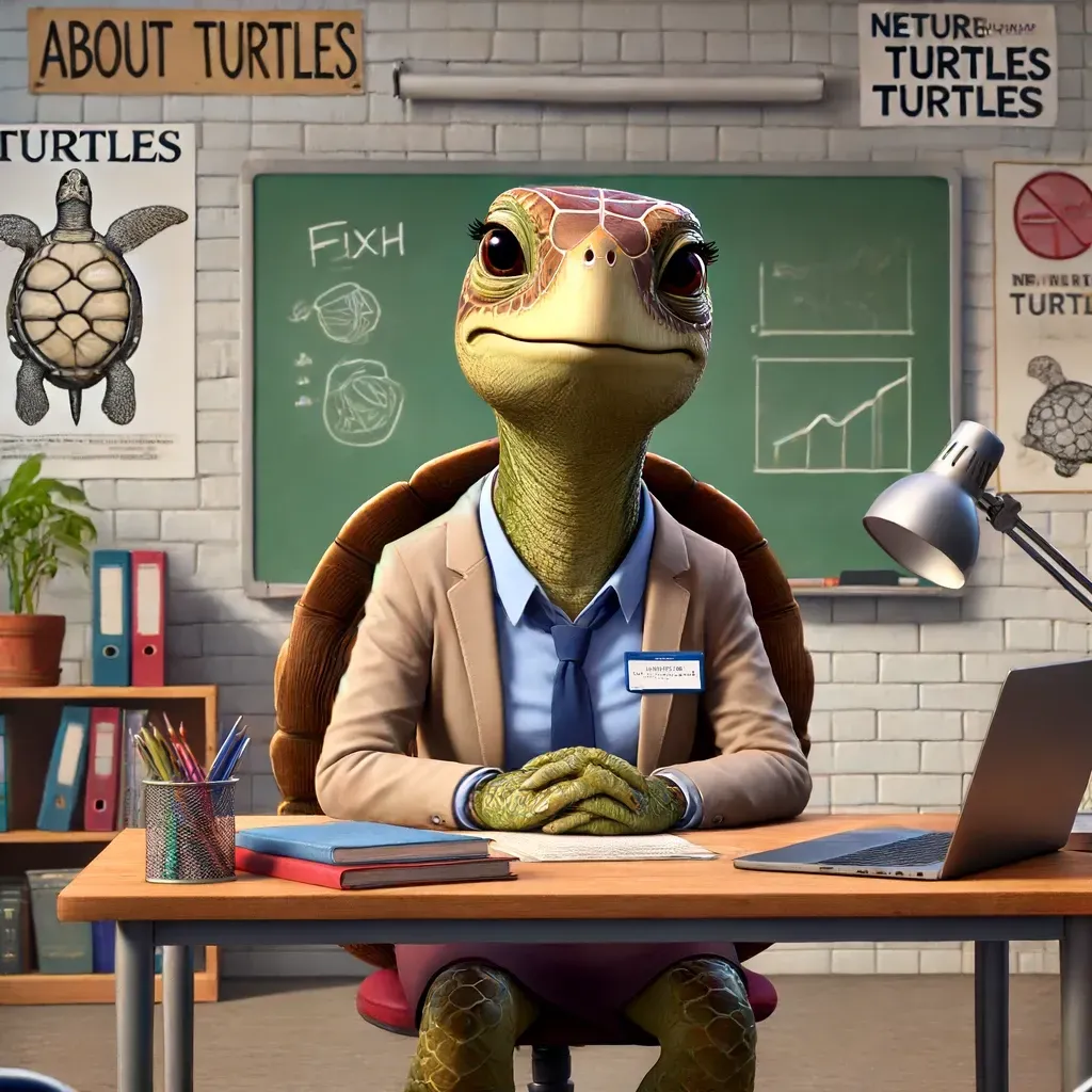 Una tortuga está sentada en un escritorio con un cartel que dice sobre tortugas