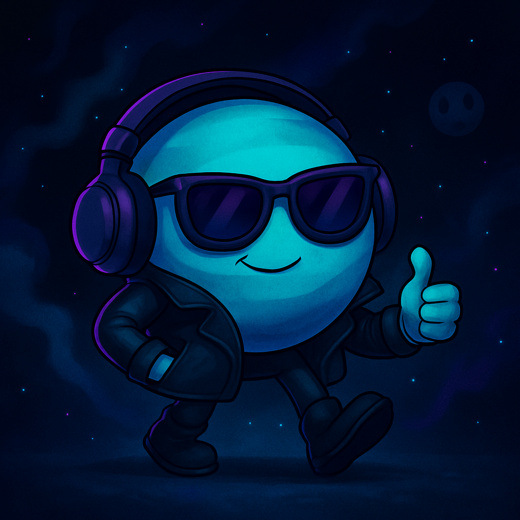Un personaje de dibujos animados que usa auriculares y gafas de sol está haciendo un gesto de aprobación con el pulgar hacia arriba.