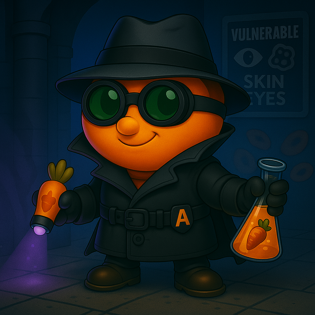 Un personaje de dibujos animados con sombrero y gafas sostiene una zanahoria y un tubo de ensayo.