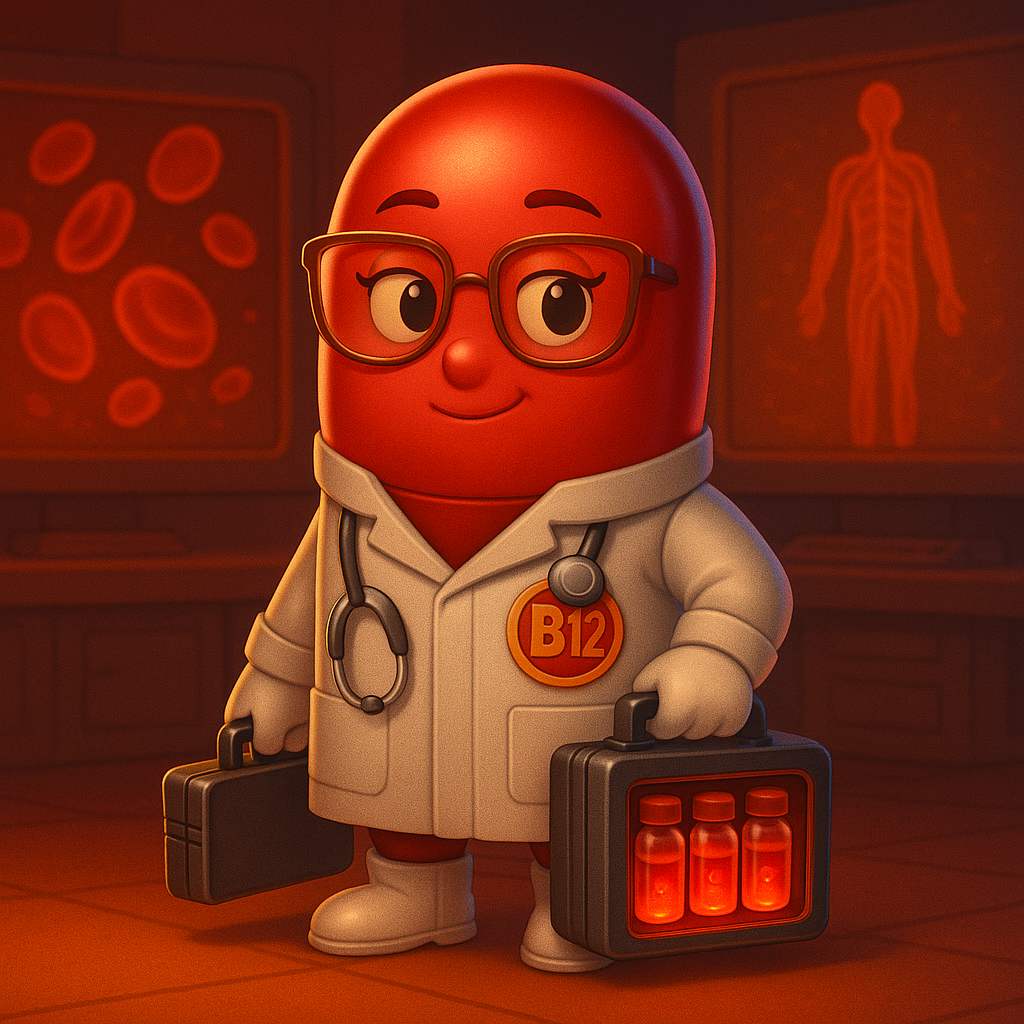 Una ilustración de dibujos animados de una cápsula roja con una bata de laboratorio y un maletín.