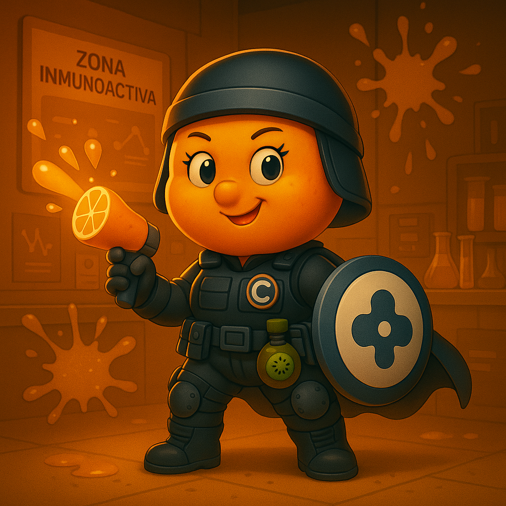 Un personaje de dibujos animados sostiene una linterna y un escudo frente a un cartel que dice zona inmunoactiva.