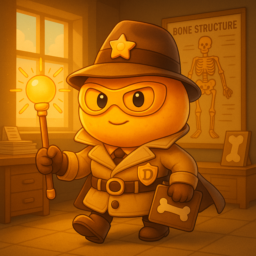 Una ilustración de dibujos animados de un detective con un cartel de estructura ósea en el fondo.