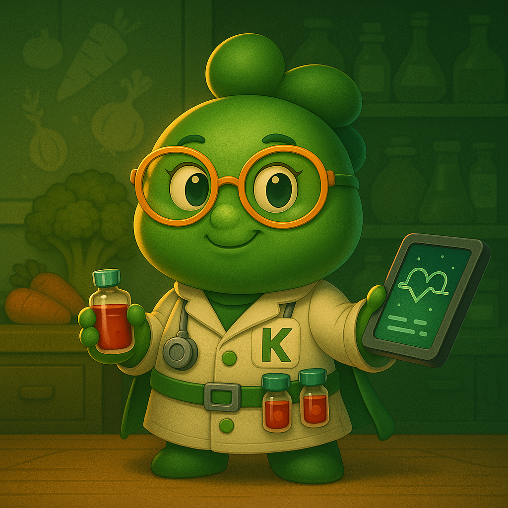 Un personaje de dibujos animados verde lleva una bata de laboratorio y sostiene una botella y una tableta.