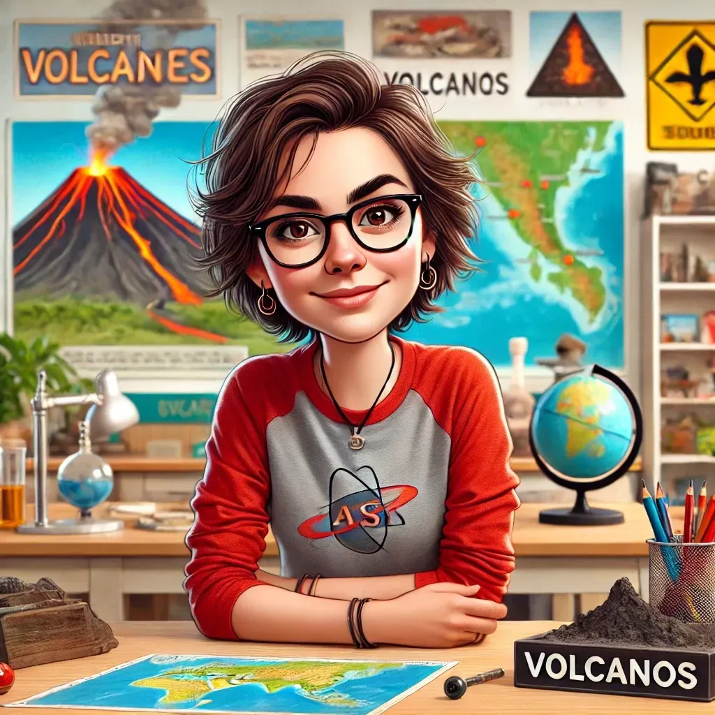 Una caricatura de una mujer sentada en un escritorio en un salón de clases