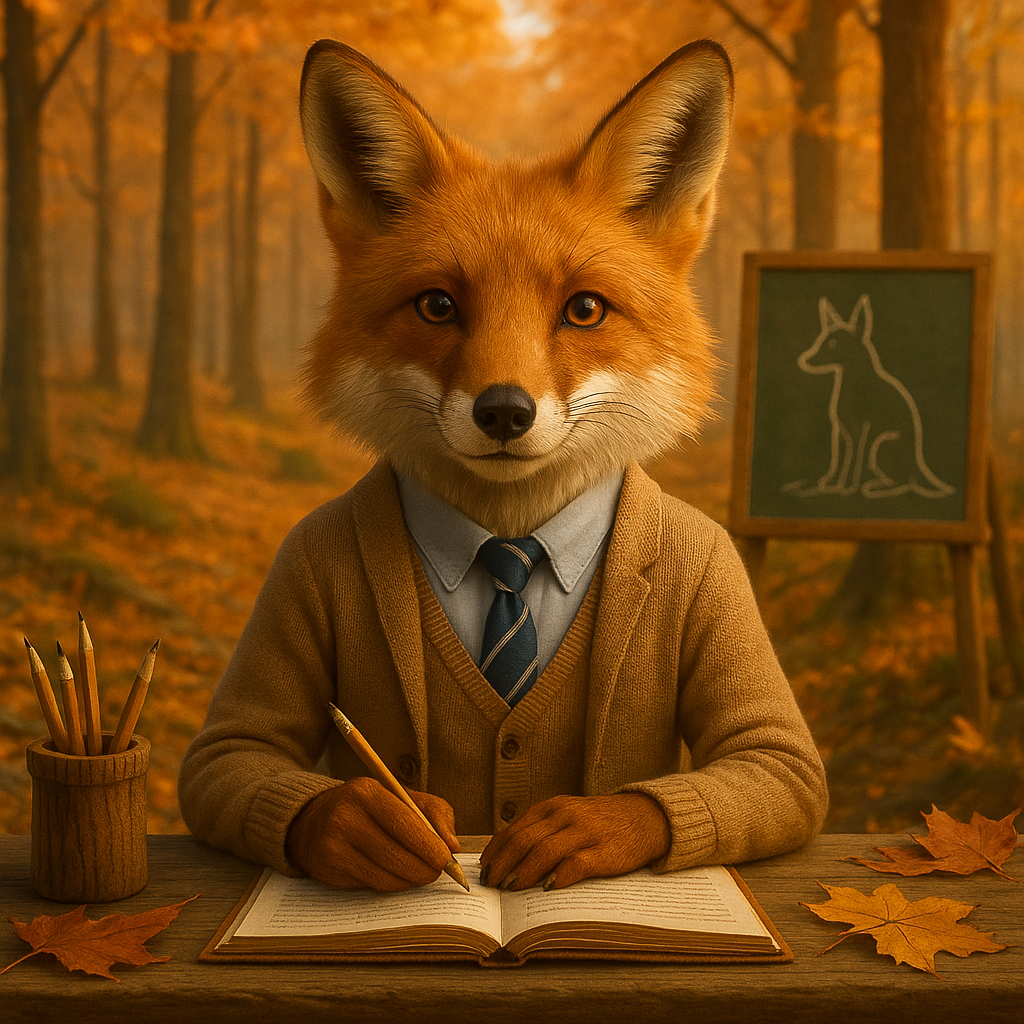 Un zorro está sentado en un escritorio frente a un tablero verde que dice zorro.