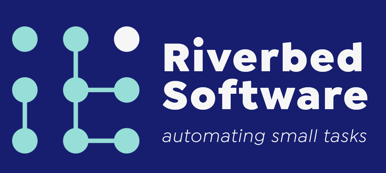 A logo for riverbed software is shown on a blue background