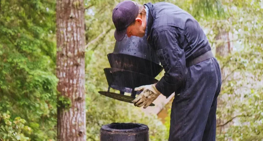 A man is working on a chimney in the woods.