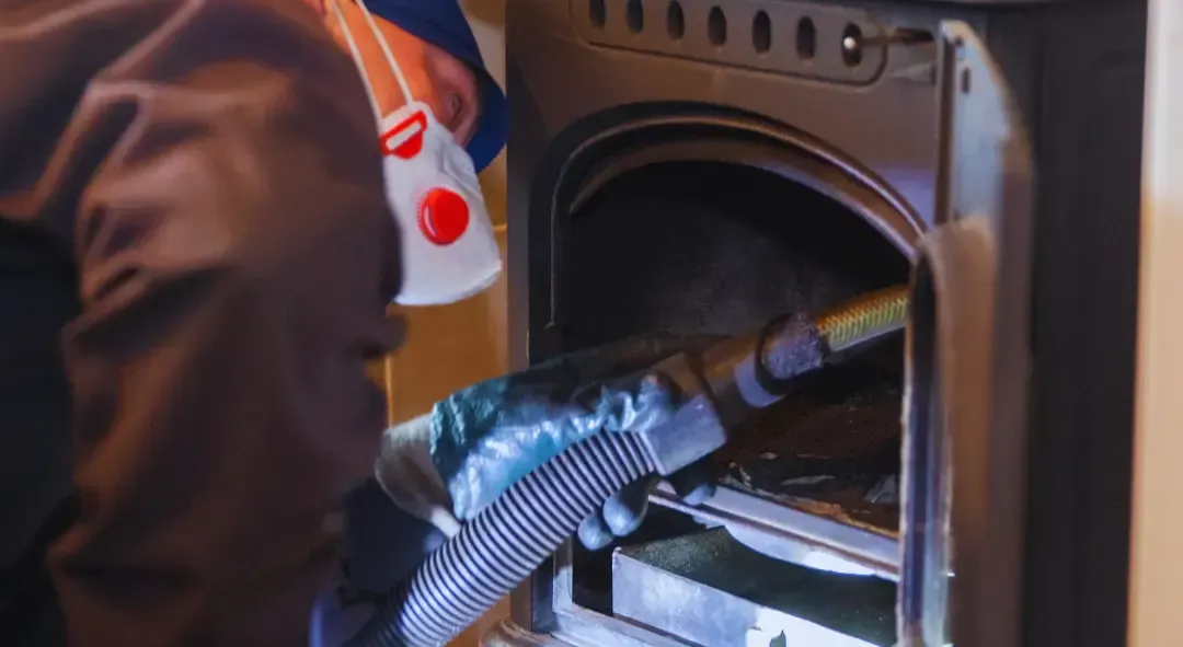 A person is cleaning a stove with a vacuum cleaner.