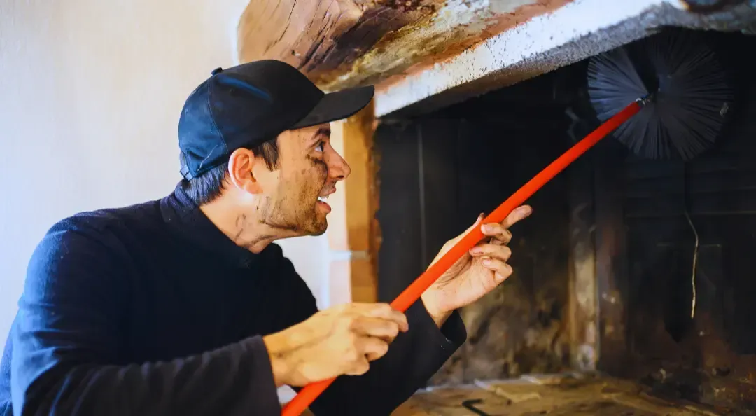 A man is cleaning a fireplace with a broom.