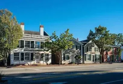 Chimney-Sweep-Portland-Row of historic colonial-style buildings with trees lining the street under a clear blue sky.