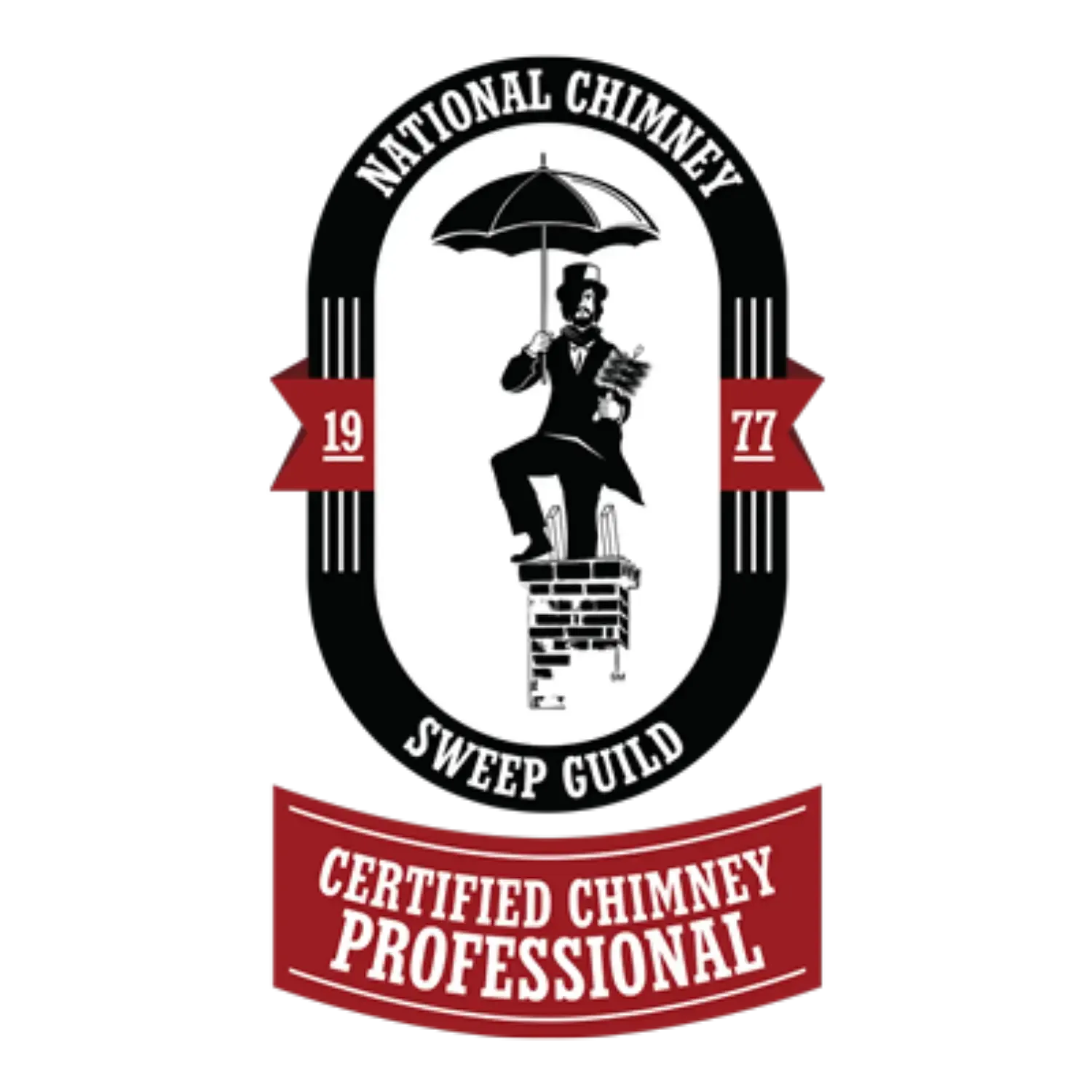 Chimney sweep figure with umbrella atop chimney,