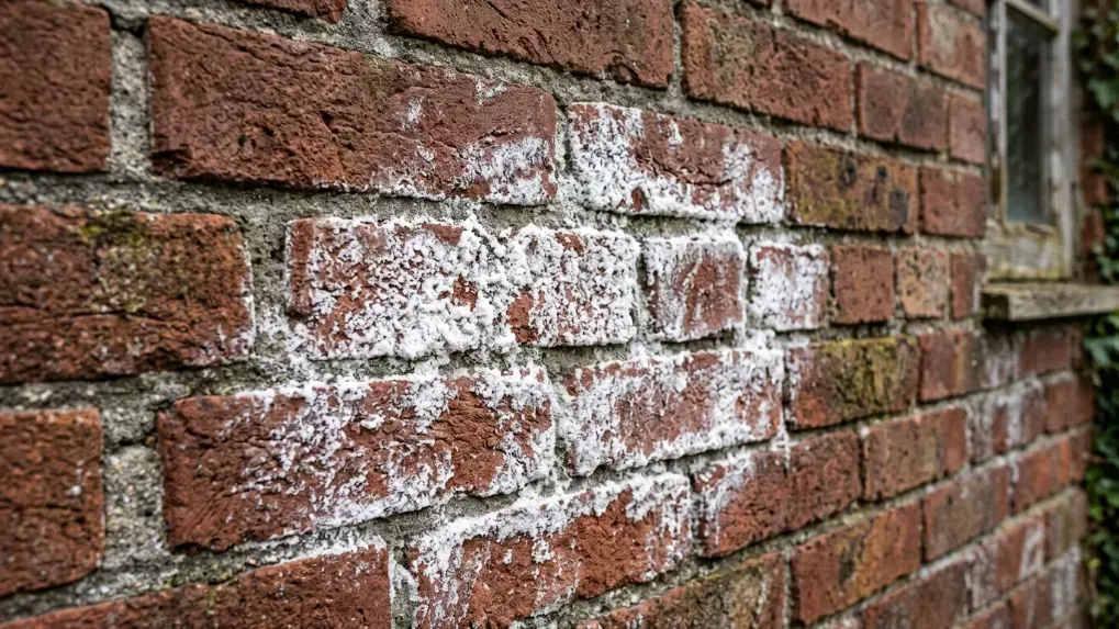 Close up of white efflorescence stains on an exterior brick wall