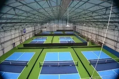 Chimney-Sweep-Portland-Indoor pickleball courts with blue playing surfaces and green surrounding areas under a metal roof.