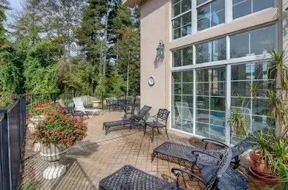 Chimney-Sweep-PortlandA patio with lounge chairs and plants overlooks a wooded area.