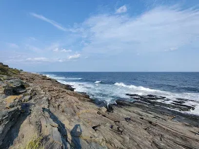 Chimney-Sweep-Portland-Rocky coastline under a clear blue sky; waves gently crash against the jagged rocks. A shadow of a person is visible, adding a serene and contemplative mood.