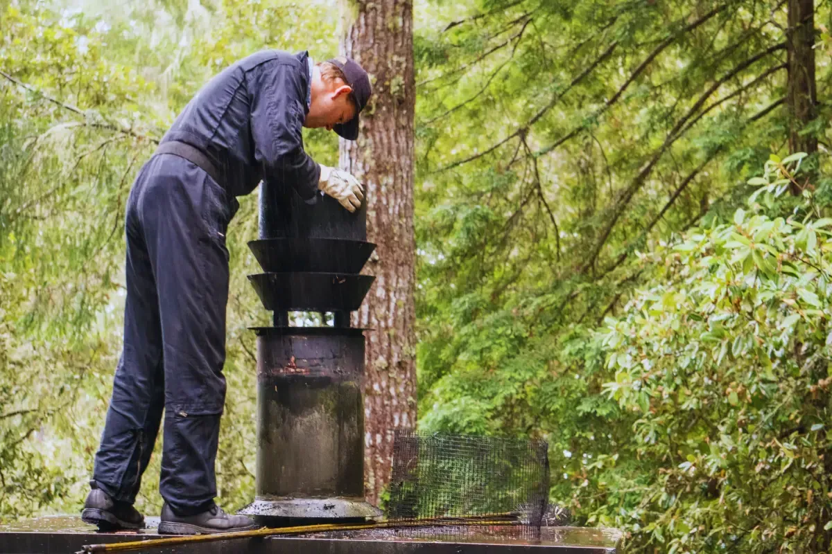 Man in dark work clothes inspects a chimney, set amidst trees.