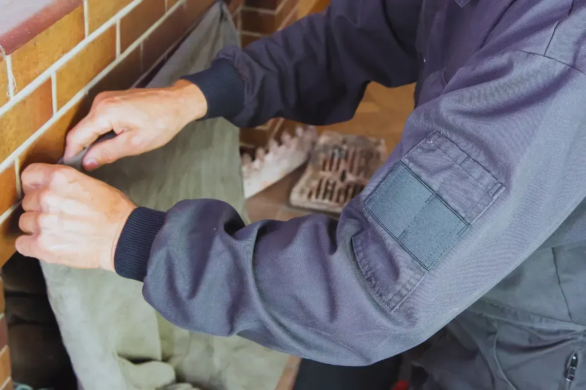 Person adjusting a green garment near a brick wall, wearing a dark blue long-sleeved shirt.