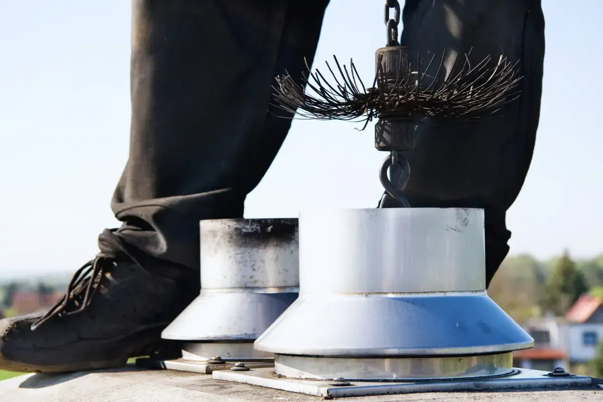 Chimney sweep cleaning chimney with brush and chain. Legs and boots are visible on rooftop.