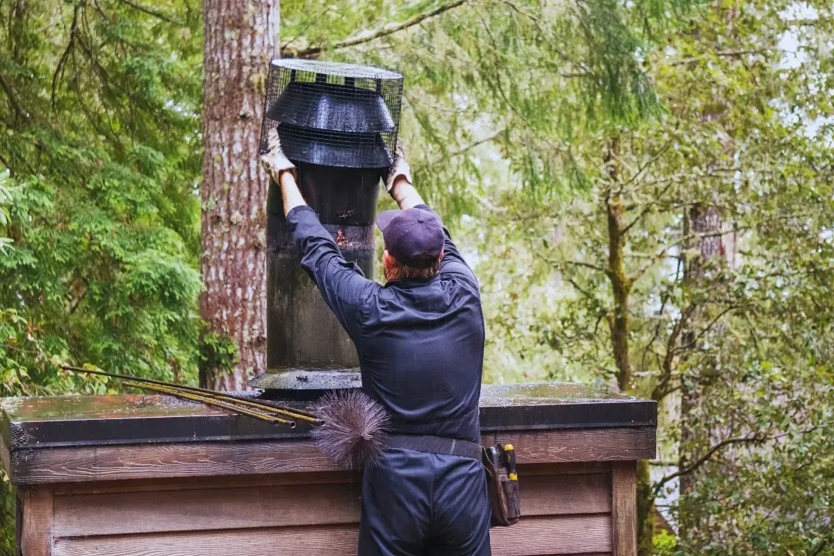 A person in black clothing cleans a chimney on a rooftop with a brush, surrounded by trees.